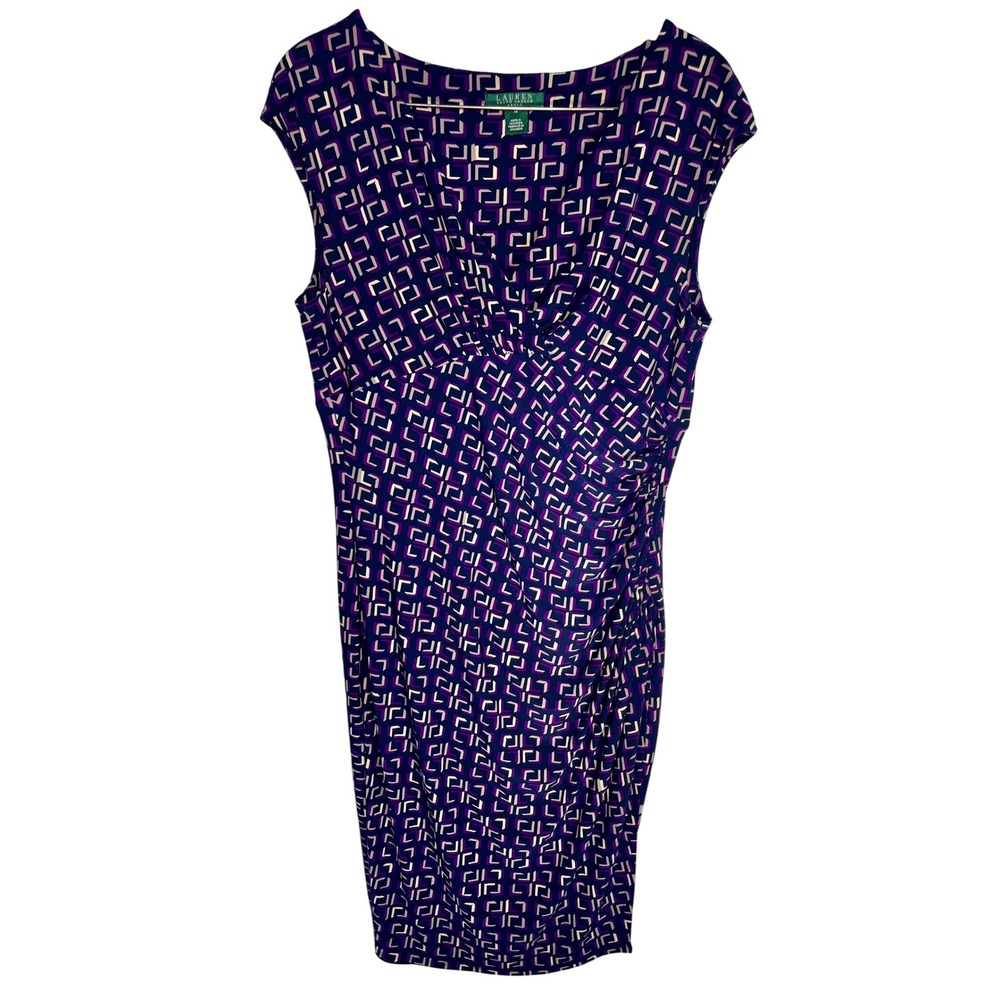 Lauren Ralph Lauren Dress Size 14 Purple Navy Geometric Ruched Cap Sleeve Sheath